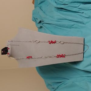 Paparazzi Silver with loops and clusters of red beads, matching earrings